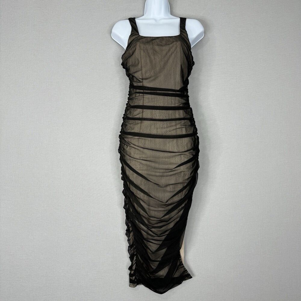 Lulus Womens Dress M Black V.I.P. Treatment Mesh Ruched Bodycon Midi Dark Y2K - Picture 2 of 13